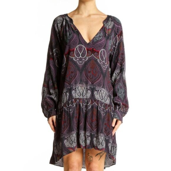 Sanctuary ✦ Purple Paisley Boho Mini Dress ✦ V-Neck w/ Tiered Hem & Long Sleeves - Picture 5 of 11